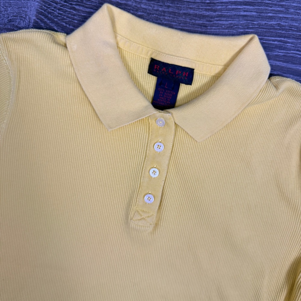 VTG Y2K Ralph Lauren Womens Ribbed Knit Polo Shirt Large Yellow Nautical Summer